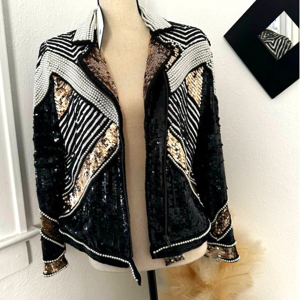 NWT SETA Womens M Black Beaded Sequin Bomber Moto Jacket Party Cocktail Glam